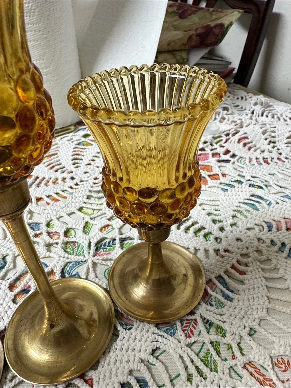 Amber Glass and Brass Candle Holders Set - Elegant Home Accents